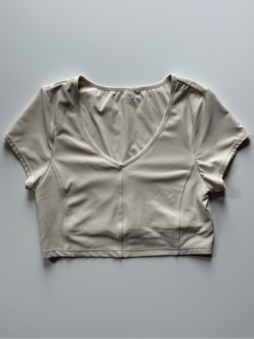 Offline By Aerie Goals Ribbed Short Sleeve V-Neck Crop Top Womens XL Cream